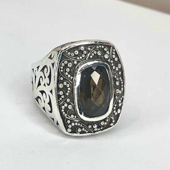 LOIS HILL Sterling Silver Smokey Topaz Granulated Caviar Cut Out Cocktail Ring - Picture 11 of 17
